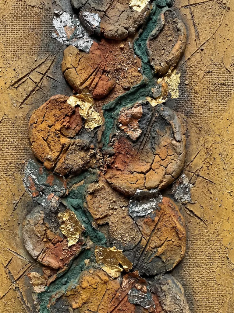 Golden and silver highlights glisten across this heavily textured abstract composition featuring cracked clay discs and deep teal accents. This mixed media artwork blends organic geological forms with metallic foils on a coarse canvas surface to create a rustic, tactile feel. Artwork by Constantine Cheshire