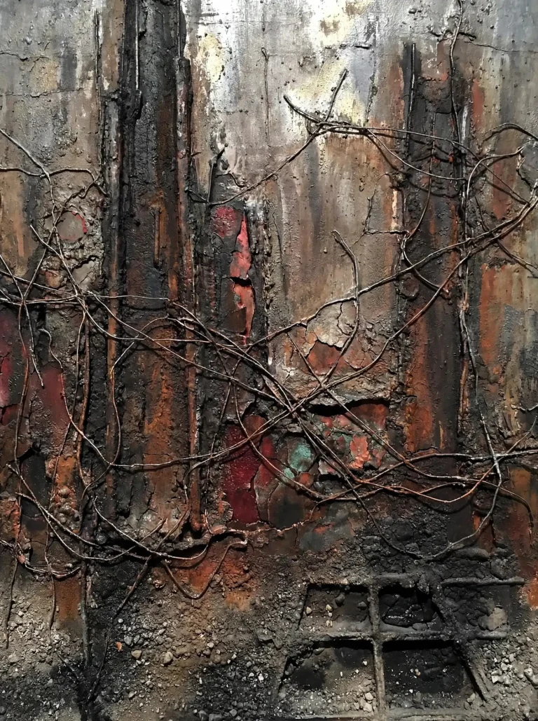 A layering of tangled copper wires over a heavily textured backdrop creates a sense of profound urban decay. This mixed media artwork features oxidized metal, peeling red paint, and charred charcoal surfaces to evoke a gritty, weathered mood. Artwork by Constantine Cheshire