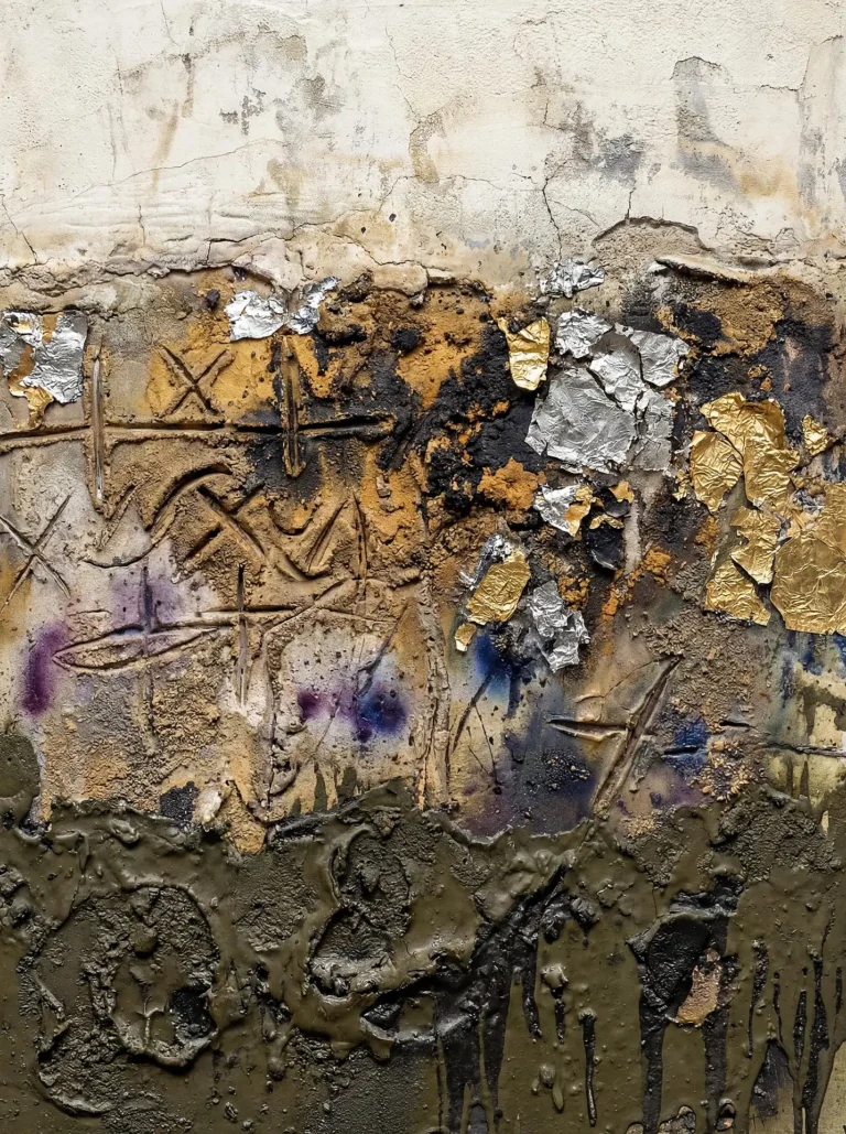 Earthy ochre and beige tones ground this heavily textured mixed media artwork featuring metallic gold and silver leaf flakes. The piece combines carved geometric symbols with thick drips and cracked plaster to create a modern, industrial relief with a weathered, ancient feel. Artwork by Constantine Cheshire