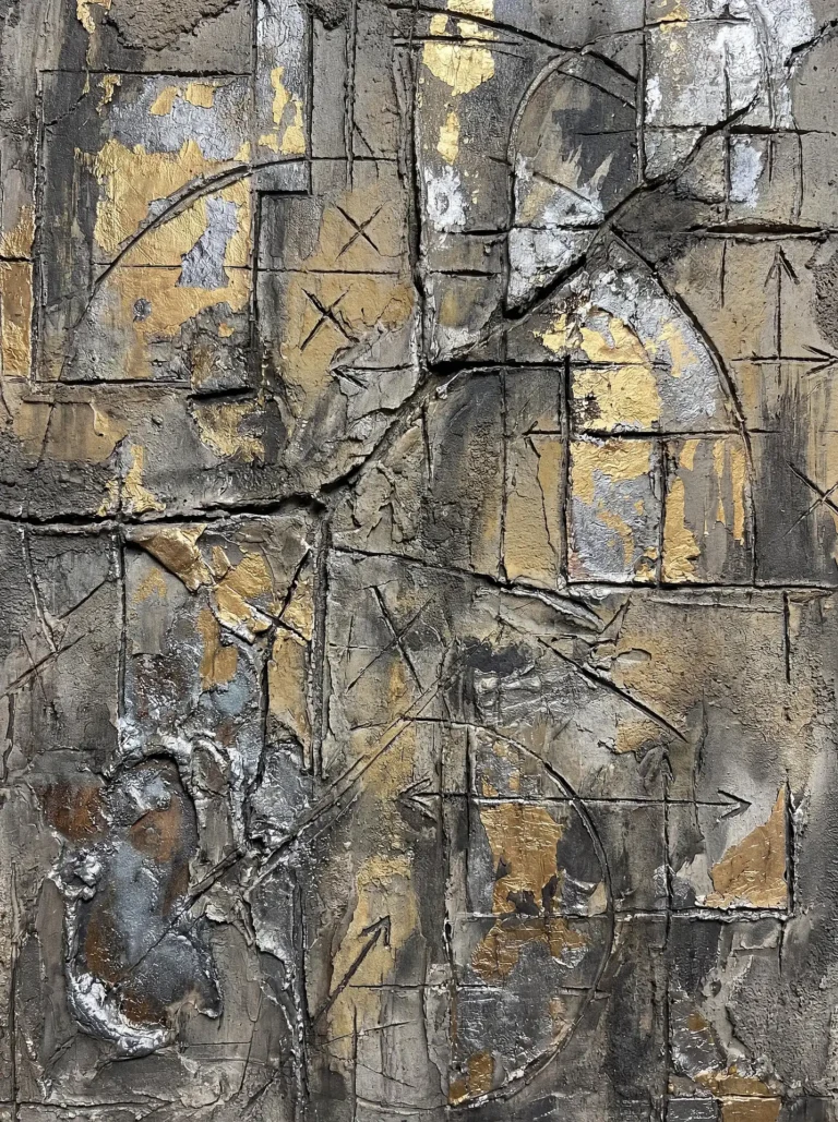 Layering of textured concrete and metallic foils creates a depth-filled surface marked by intentional carvings and industrial symbols. This mixed-media artwork combines a gritty gray palette with luxe gold accents and geometric etchings for a contemporary urban aesthetic. Artwork by Constantine Cheshire