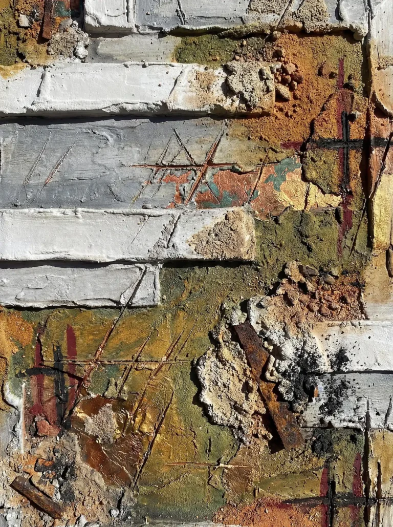 Rough plaster, sand, and oxidized iron shards create a tactile surface in this gritty abstract composition. Earthy tones of ochre and sienna contrast with stark white horizontal bands and deep etchings to evoke a sense of weathered urban decay. Artwork by Constantine Cheshire