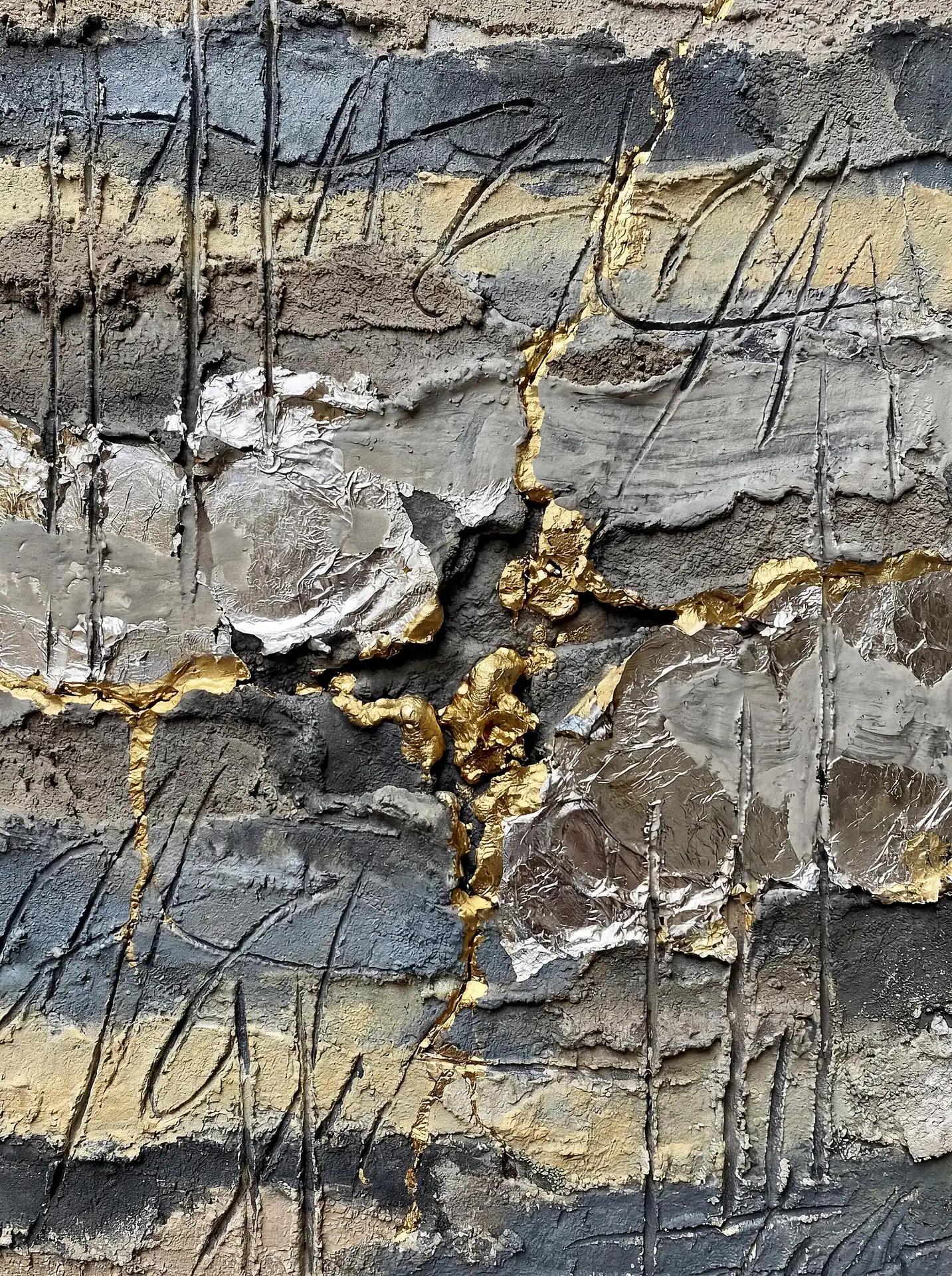 Textured mixed media abstract painting featuring metallic gold leaf veins and silver foil patches against a rugged gray plaster background. This industrial-style artwork uses heavy impasto techniques and deep scratch marks to create a sense of geological layers and contemporary elegance. Artwork by Constantine Cheshire