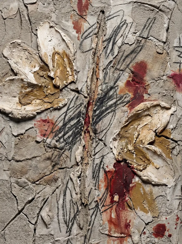 Thick plaster, burlap fragments, and raw charcoal scribbles define this heavily textured abstract composition. Deep red stains and ochre impasto strokes contrast against the weathered grey surface, creating a visceral and industrial mood. Artwork by Constantine Cheshire