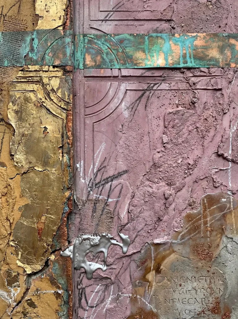 Muted mauve and dusty rose tones define this industrial mixed media piece featuring heavy plaster textures and gold leaf accents. Verdigris copper bands and burlap mesh create a layered, archaeological aesthetic suitable for contemporary urban interiors. Artwork by Constantine Cheshire
