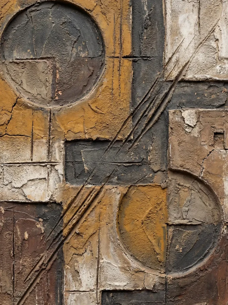Muted ochre and charcoal tones define this heavily textured relief painting featuring geometric circles and rectangles. This industrial abstract piece utilizes thick impasto techniques and weathered surfaces to create a rugged, architectural aesthetic. Artwork by Constantine Cheshire