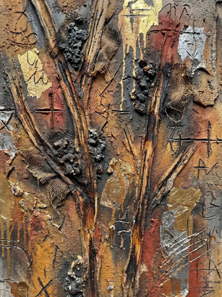 Warm earthy tones and metallic highlights illuminate this complex mixed media piece featuring burlap and natural elements. This abstract composition blends industrial textures with organic shapes and hand-carved symbols to create a sense of ancient mystery. Artwork by Constantine Cheshire