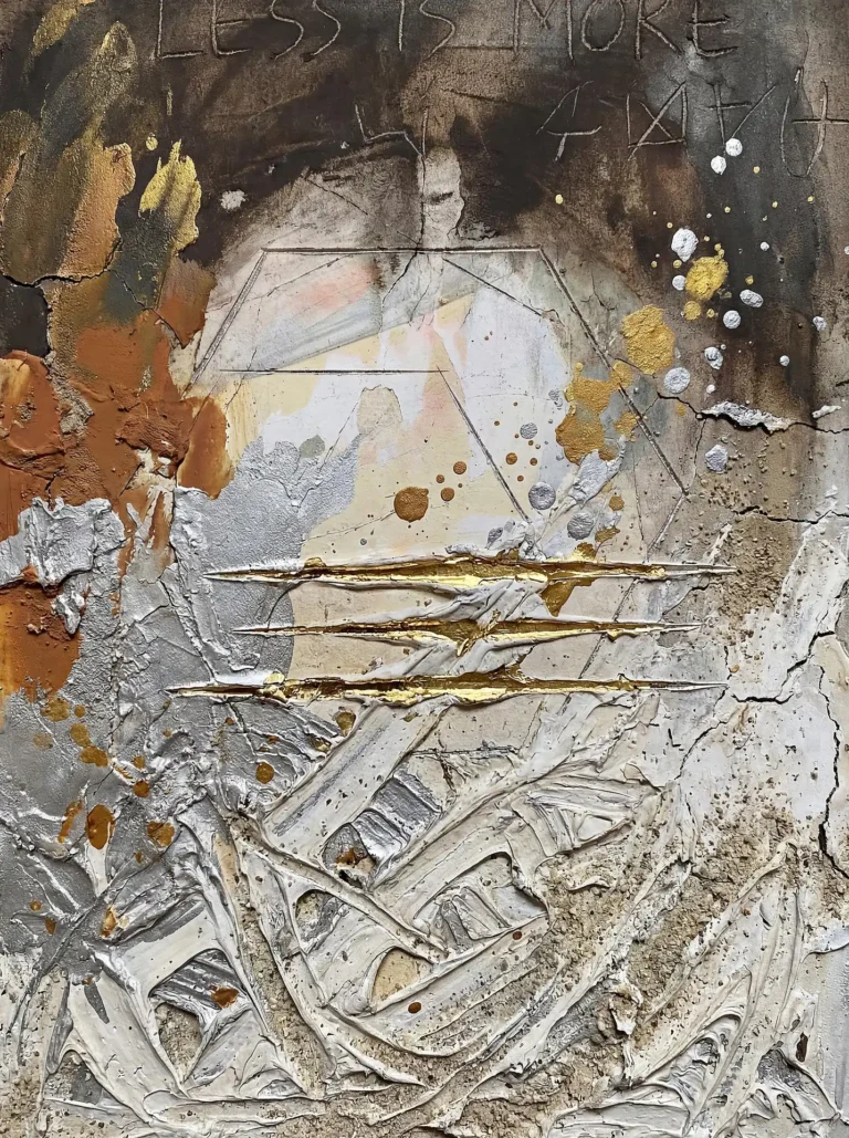 Layering of thick impasto textures and metallic foils creates a gritty urban aesthetic in this contemporary mixed media piece. The composition features earthy brown and gray tones accented by gold leaf gashes, cracked plaster effects, and hand-scratched text for a weathered industrial mood. Artwork by Constantine Cheshire