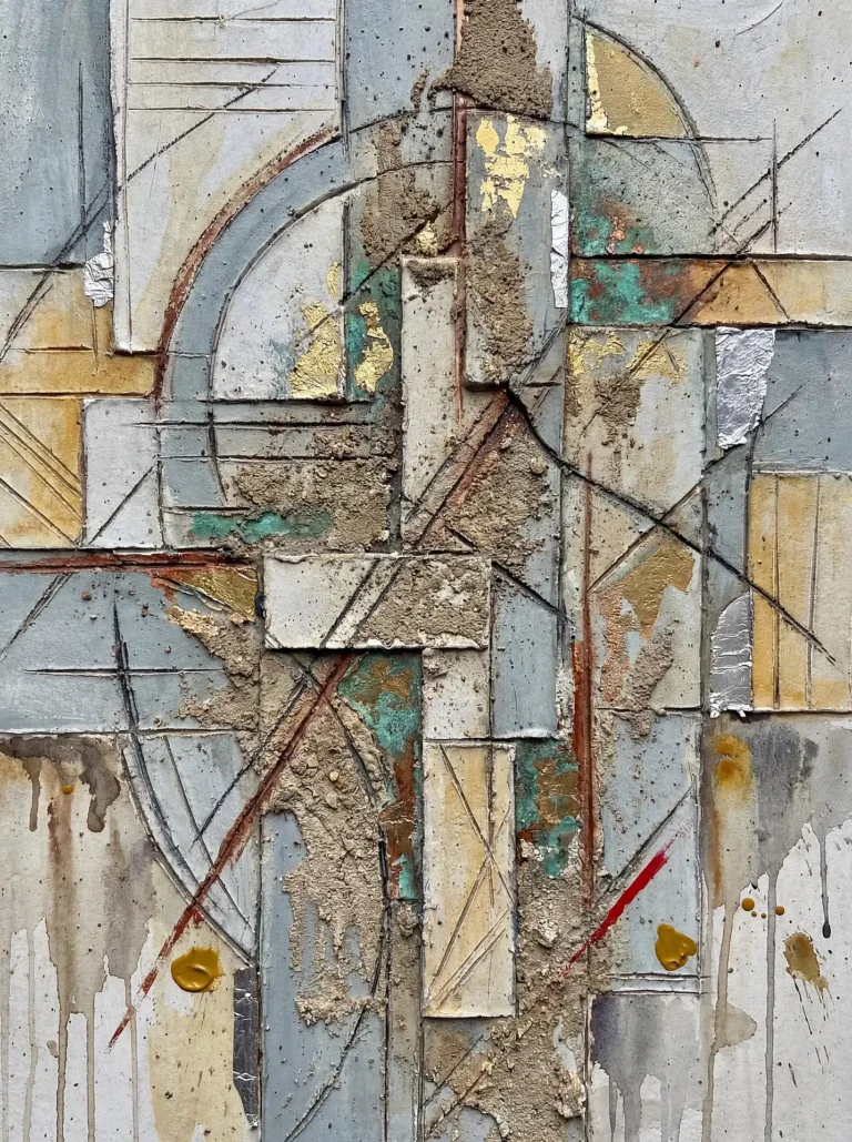 Flowing drips of paint and sweeping arcs contrast against the rigid structure of this mixed media artwork. Coarse sandy textures meet shimmering gold and silver leaf over a neutral palette of gray, ochre, and weathered teal. Artwork by Constantine Cheshire