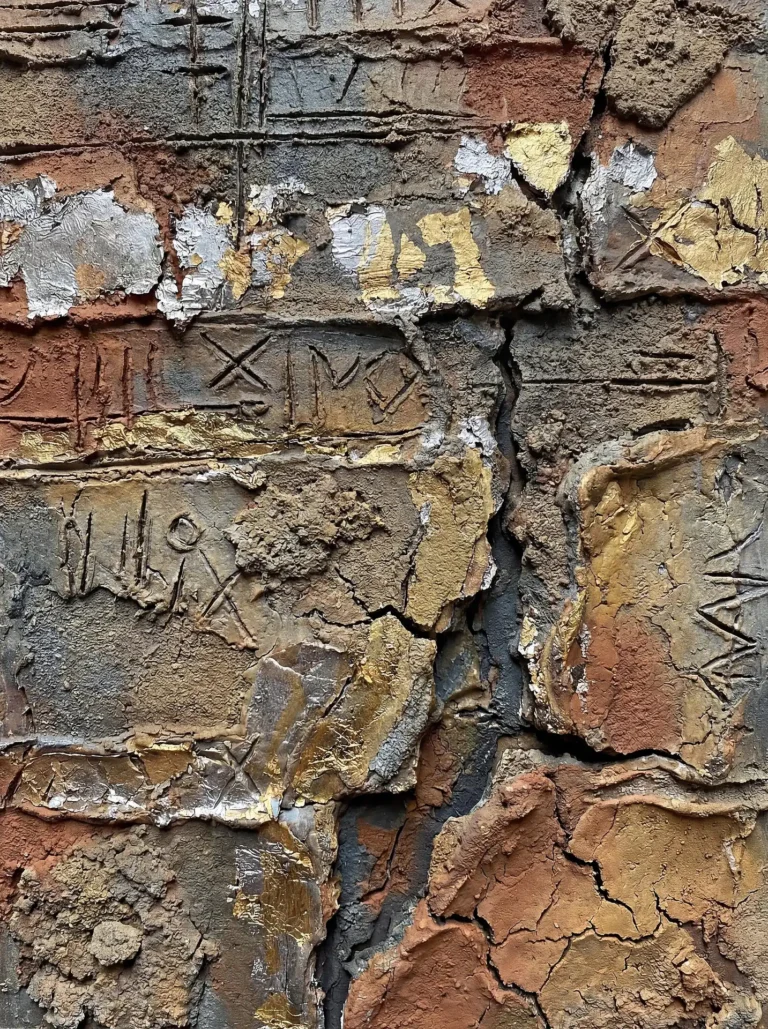 A sense of ancient history emerges from this heavily textured surface featuring deep cracks and shimmering gold and silver leaf. The mixed media artwork combines organic earth tones with metallic fragments and hand-etched symbols for a rustic, archaeological aesthetic. Artwork by Constantine Cheshire