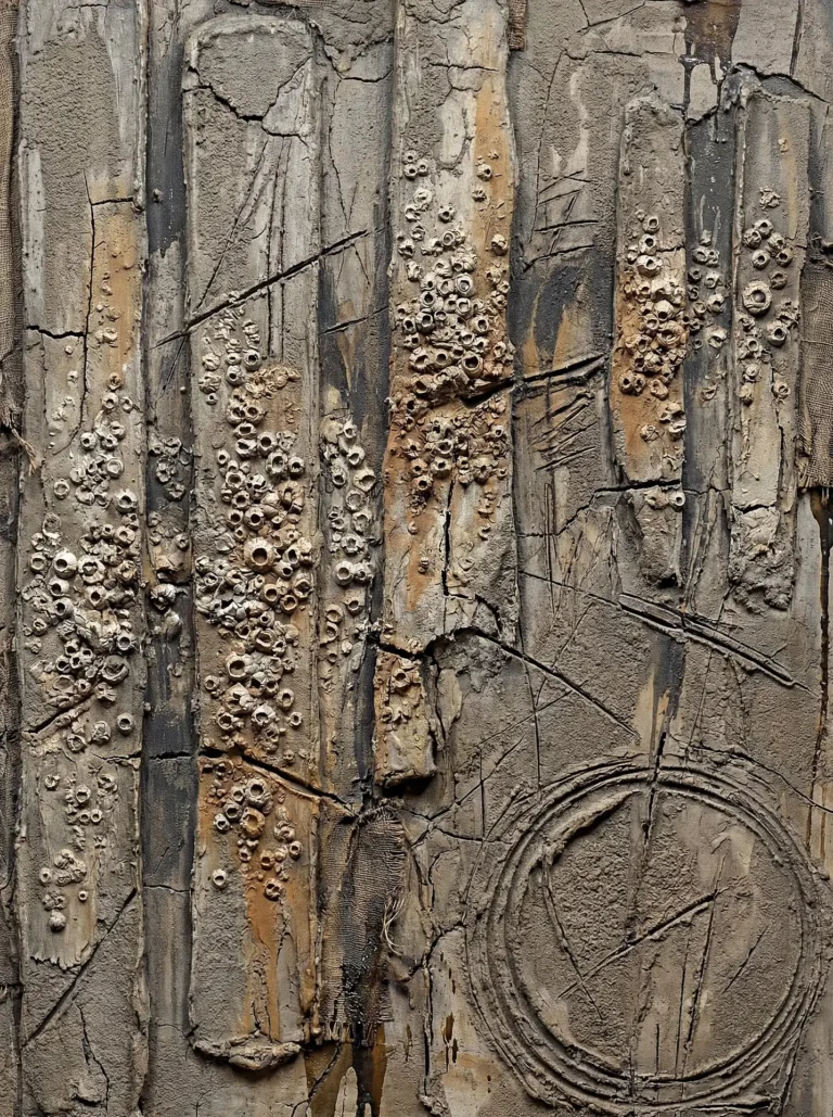 Barnacles encrusting weathered driftwood panels, this abstract mixed media relief sculpture features deep cracks and neutral earth tones. The composition combines vertical lines with a circular motif to create a weathered maritime aesthetic suggestive of fossilized remains. Artwork by Constantine Cheshire