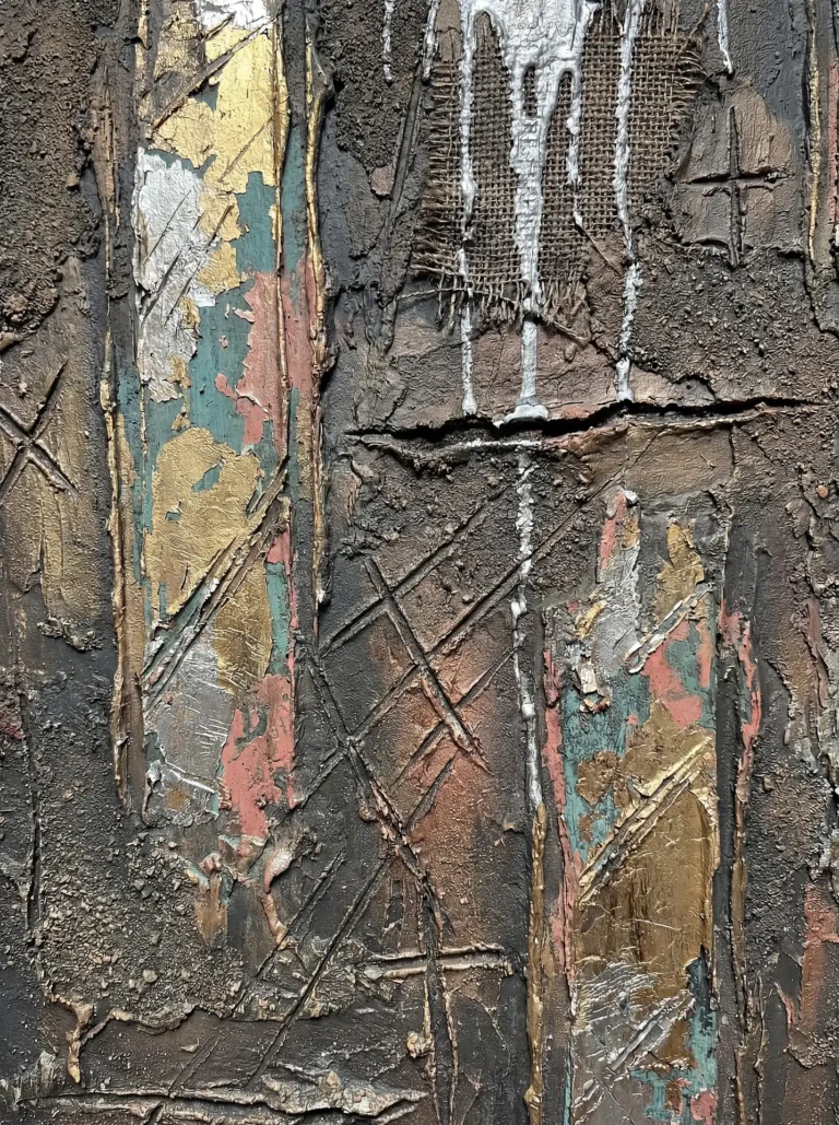 Dripping silver paint cascades over a heavily textured surface of burlap, gold leaf, and weathered earth tones. This mixed-media artwork features scratched symbols and layers of teal and rose pigments to create a gritty, industrial atmosphere. Artwork by Constantine Cheshire