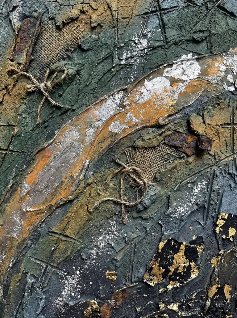 A somber and industrial atmosphere emerges from this textured piece featuring knotted twine over burlap and rusted metal fragments. This mixed media artwork utilizes dark grey plaster, silver foil, and gold accents to create a complex, weathered aesthetic. Artwork by Constantine Cheshire
