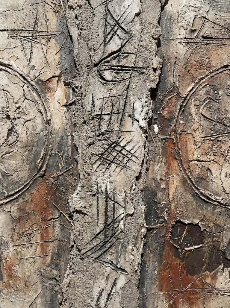 Earthy grey and rust-colored tones define this heavily textured abstract piece featuring thick impasto plaster and primitive scratched markings. This industrial mixed media work utilizes a neutral palette and weathered surfaces to create a rugged, tactile, and ancient mood. Artwork by Constantine Cheshire
