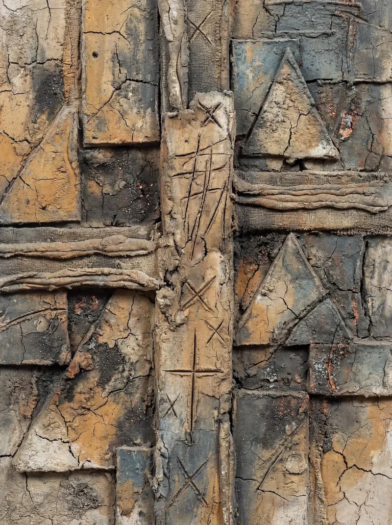 Evoking a sense of ancient history and tactile permanence, this weathered relief artwork features deep fissures and primitive carved markings across a series of overlapping geometric shapes in muted clay tones. Artwork by Constantine Cheshire