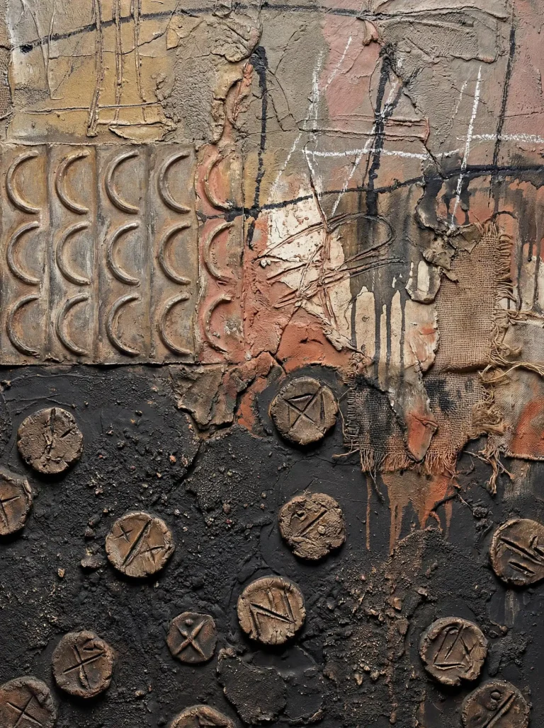 Somber and archaeological, this mixed media piece features heavy impasto textures, frayed burlap, and clay-like discs etched with primitive symbols. The palette of charcoal black and warm terracotta creates a weathered, timeless atmosphere suitable for rustic or contemporary interior design. Artwork by Constantine Cheshire