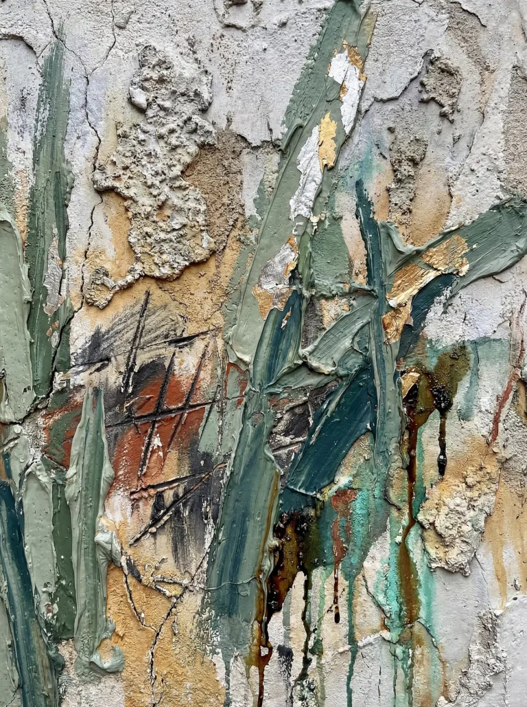 Thick impasto paint and metallic gold leaf are layered over a distressed, cracked plaster surface to create a complex organic composition. This vertical abstract piece blends earthy sage greens with dark drips and weathered textures for a moody, contemporary aesthetic. Artwork by Constantine Cheshire