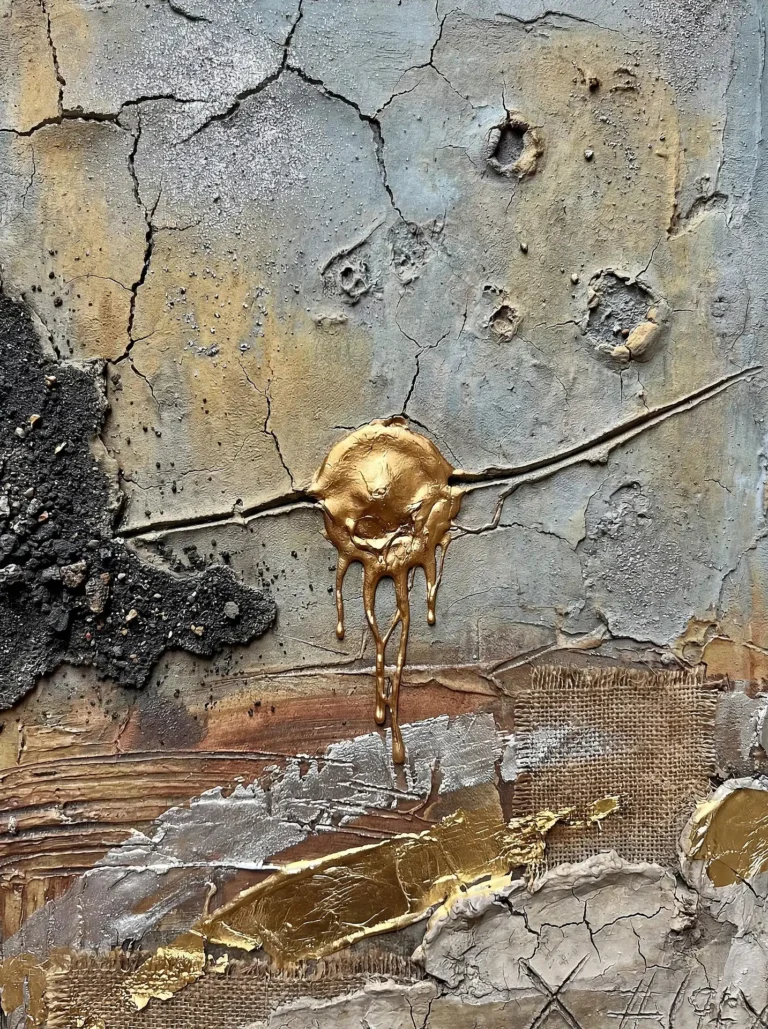Flowing from a central horizontal fissure, a thick gold drip anchors this industrial mixed media artwork composed of cracked plaster, burlap, and silver leaf. The piece combines a gritty, weathered concrete aesthetic with luxurious metallic accents in a palette of grey, earth tones, and shimmering gold. Artwork by Constantine Cheshire