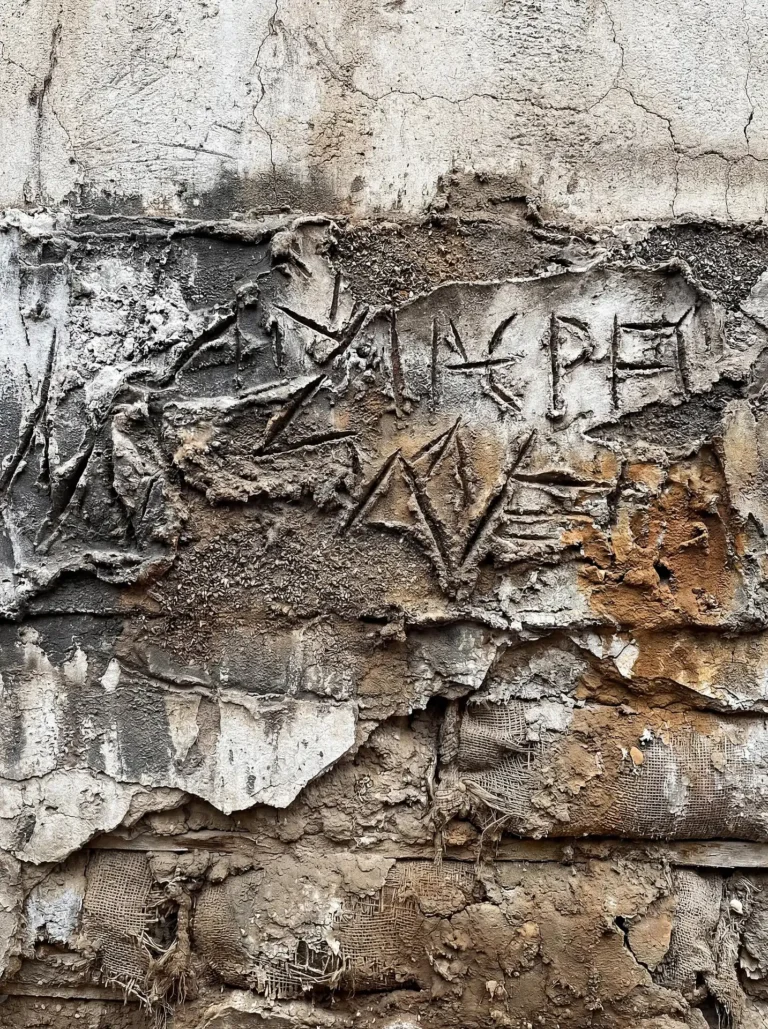 Urban wall texture in a gritty industrial style, featuring crumbling plaster and hand-etched markings over exposed burlap reinforcement. This weathered surface showcases deep earth tones and raw architectural decay. Artwork by Constantine Cheshire