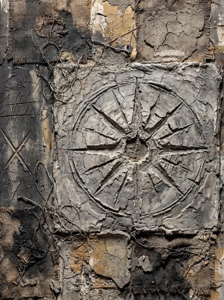 Muted grays and earthy browns define this mixed-media relief featuring a central wheel carved into cracked clay. The composition blends industrial textures like tangled wire and frayed burlap to create a gritty, weathered atmosphere of urban decay and abstract symbolism. Artwork by Constantine Cheshire