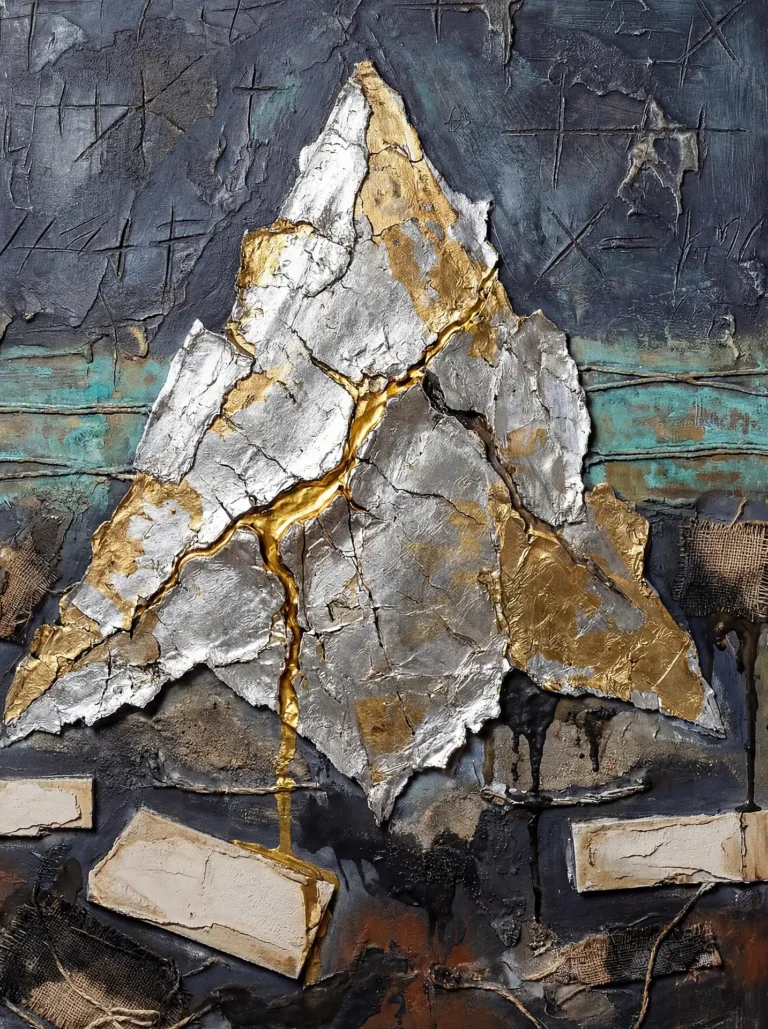 Layering and heavy textures define this mixed-media piece featuring a central silver triangle fractured by liquid gold veins. This industrial artwork combines metallic leaf, distressed fabric, and scratched symbols against a dark, moody background to evoke themes of repair and alchemy. Artwork by Constantine Cheshire
