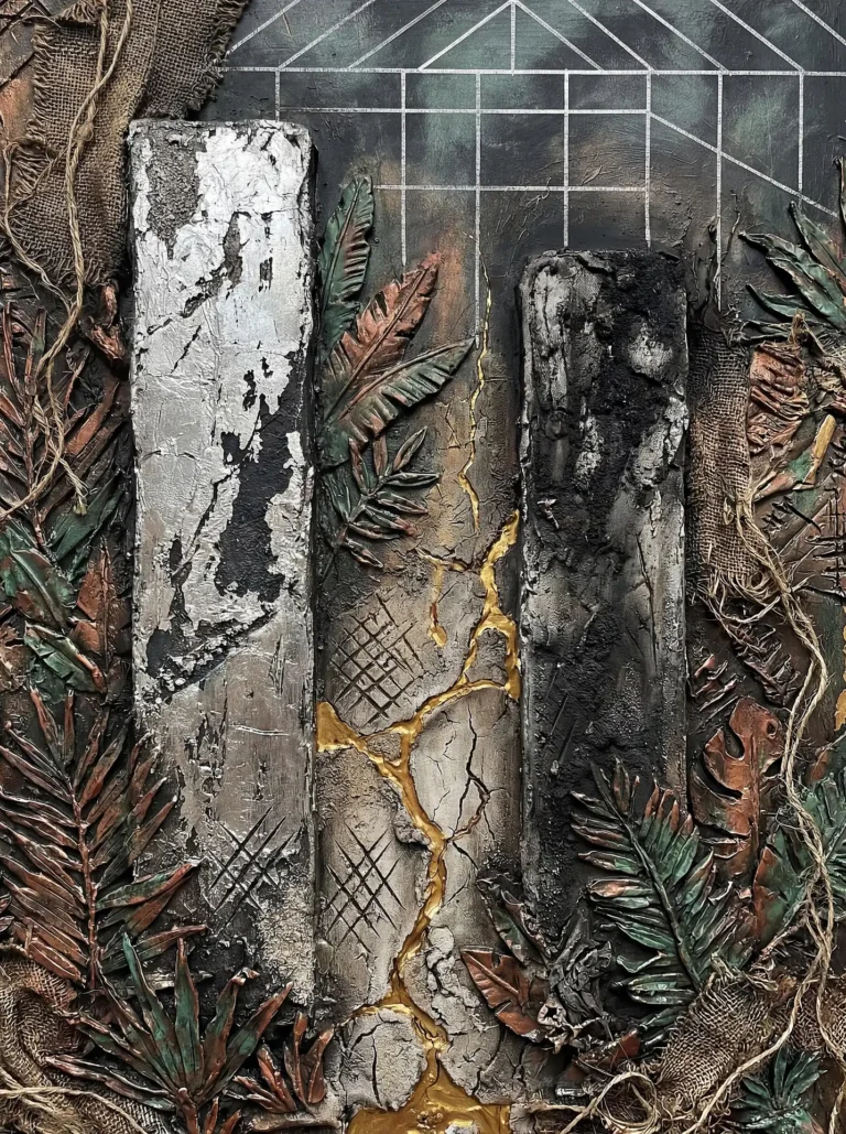 Rising through layers of burlap and metallic silver, these textured pillars stand amidst aged tropical foliage. Gold veins crack through the center of the dark, industrial composition, blending organic plant life with rigid geometric lines and weathered textiles. Artwork by Constantine Cheshire