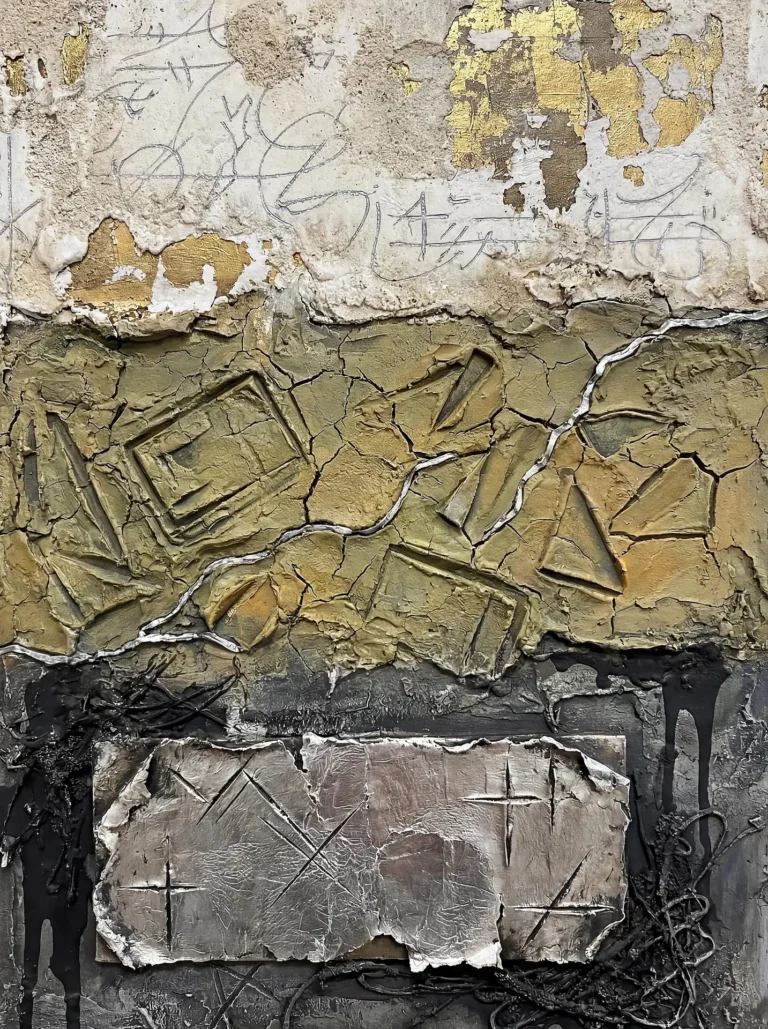 Flowing across the canvas, this mixed media relief combines heavy impasto textures with shimmering gold leaf and scratched metallic foil. The weathered, industrial aesthetic features cracked earth tones and dark accents that create a sense of ancient, decaying architectural ruins. Artwork by Constantine Cheshire