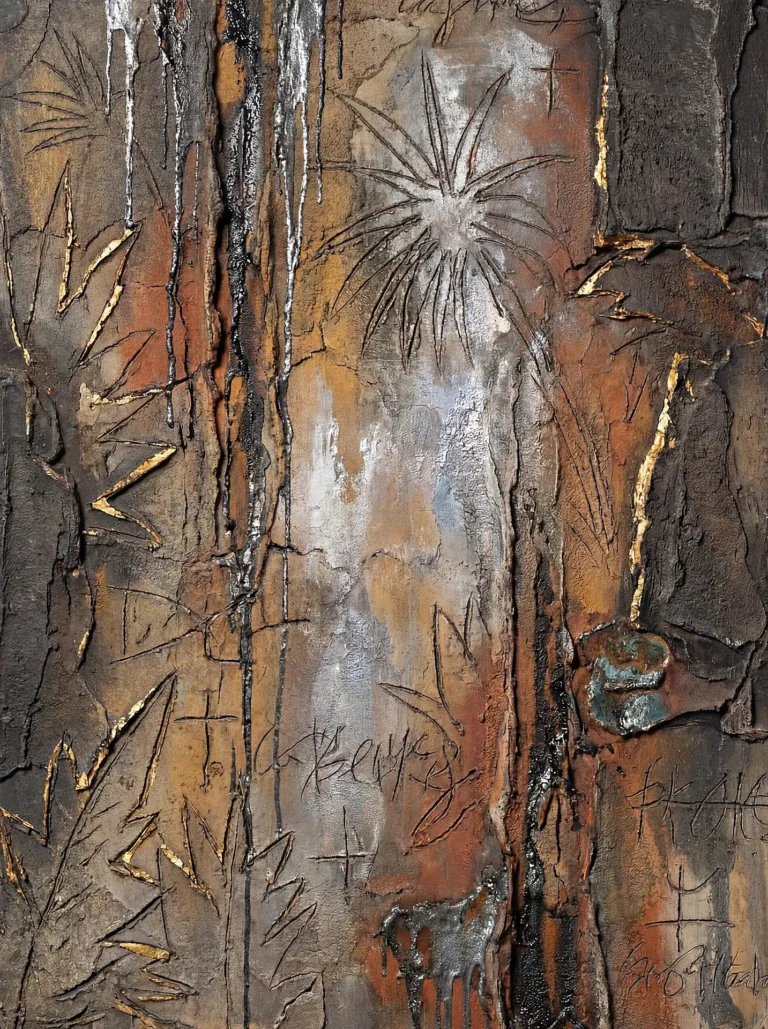 Layering of thick impasto and metallic pigments creates a tactile surface filled with etched botanical shapes and cryptic symbols. This contemporary mixed media piece utilizes an earthy palette of sienna and charcoal punctuated by vertical silver drips and gold leaf accents to evoke a sense of ancient history. Artwork by Constantine Cheshire