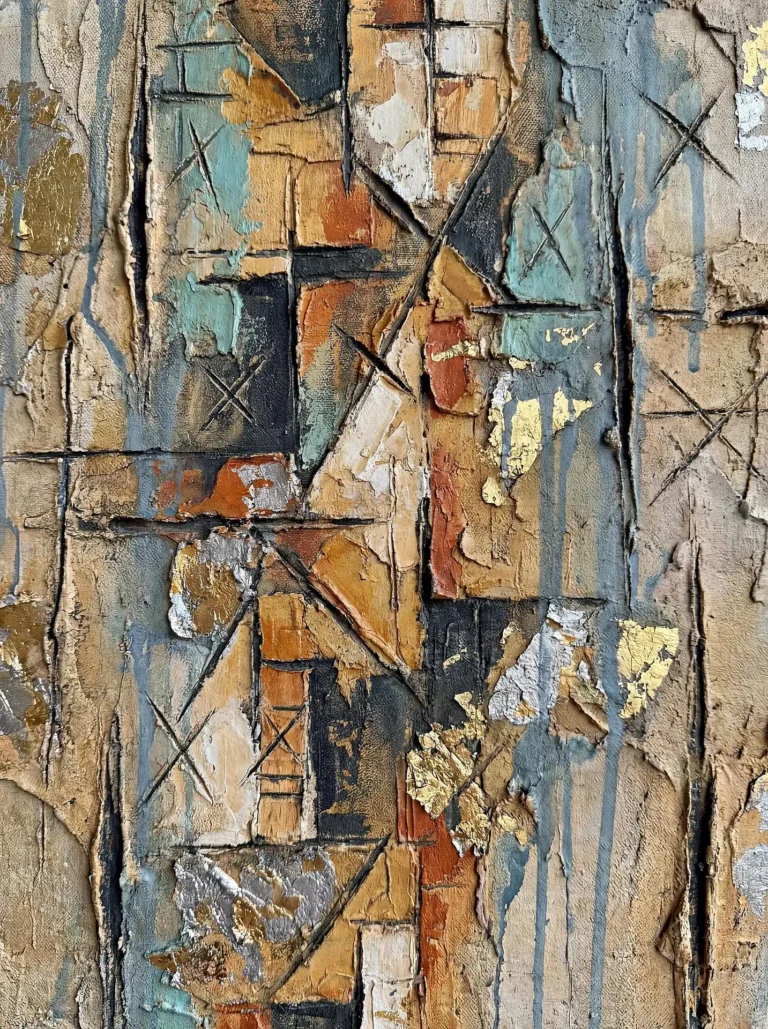 Plaster-like textures and thick impasto paint form a rugged landscape of earthy orange, teal, and charcoal tones. This contemporary mixed media piece features metallic gold and silver leaf accents alongside primitive carved cross symbols for a gritty, urban feel. Artwork by Constantine Cheshire