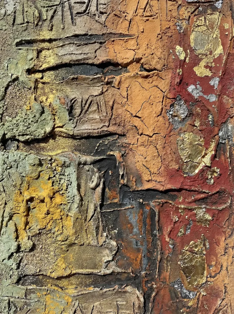 Abstract mixed media composition featuring heavy impasto textures and metallic leaf accents. The weathered surface combines deep terracotta and ochre tones with engraved symbols to create a mood of ancient archaeological discovery. Artwork by Constantine Cheshire