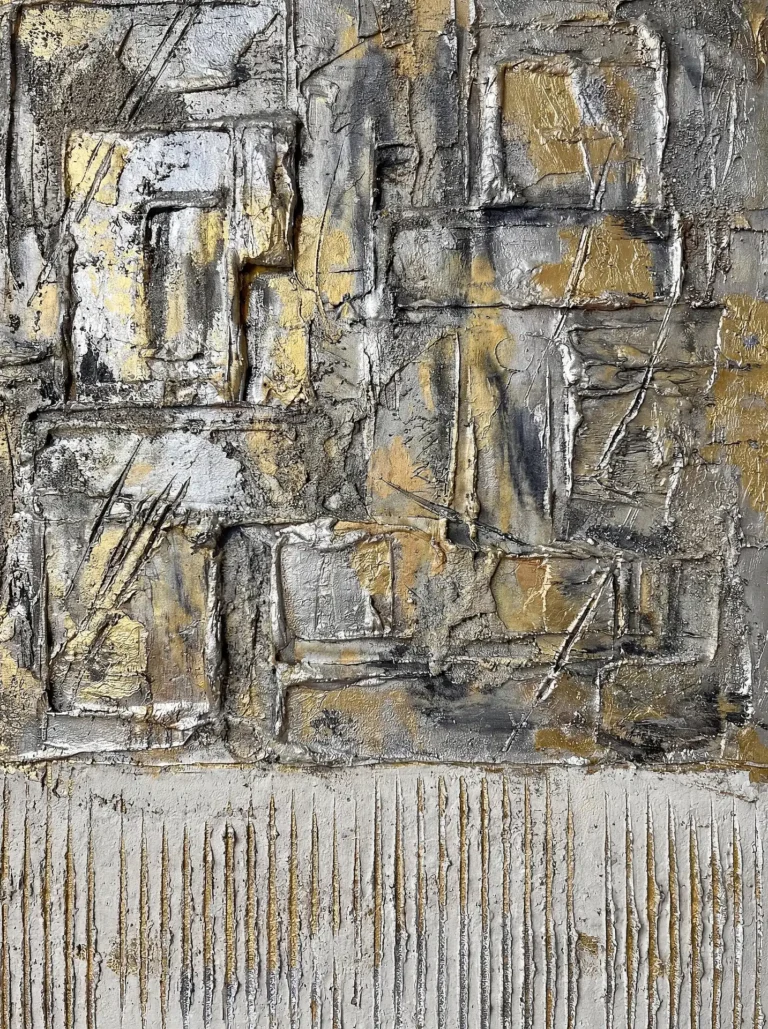 Shimmering metallic highlights and cool gray tones define this heavily textured abstract painting featuring gold and silver geometric shapes. This mixed media artwork combines thick impasto techniques with industrial aesthetics to create a sophisticated focal point for contemporary interiors. Artwork by Constantine Cheshire