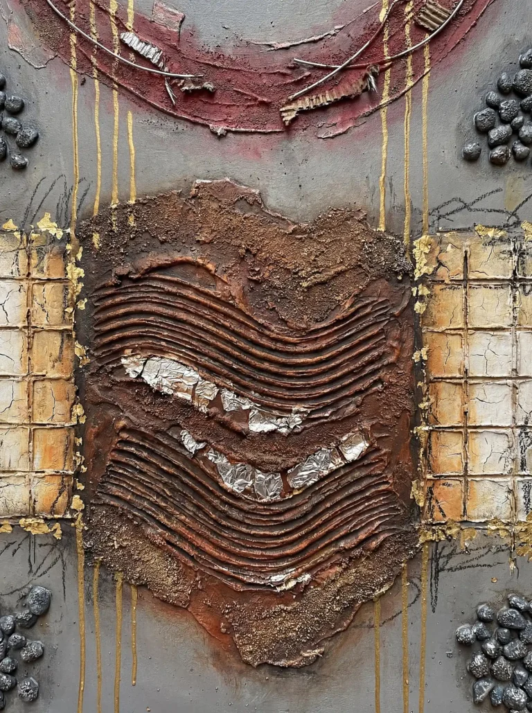Industrial and weathered, this mixed media piece features heavy textured waves of sienna plaster accented by shimmering silver foil and delicate gold leaf drips. The composition blends raw materials like corrugated cardboard and wire with a refined color palette to create a tactile contemporary artwork. Artwork by Constantine Cheshire