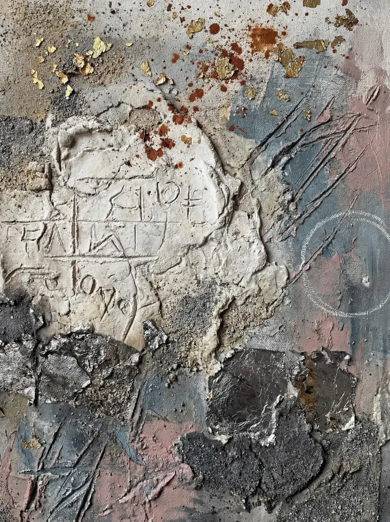 Abstract mixed media composition featuring heavy plaster textures and metallic leaf accents. This piece combines earthy tones of rust and mauve with cool greys, showcasing etched glyphs and splattered paint for an archaeological and industrial mood. Artwork by Constantine Cheshire