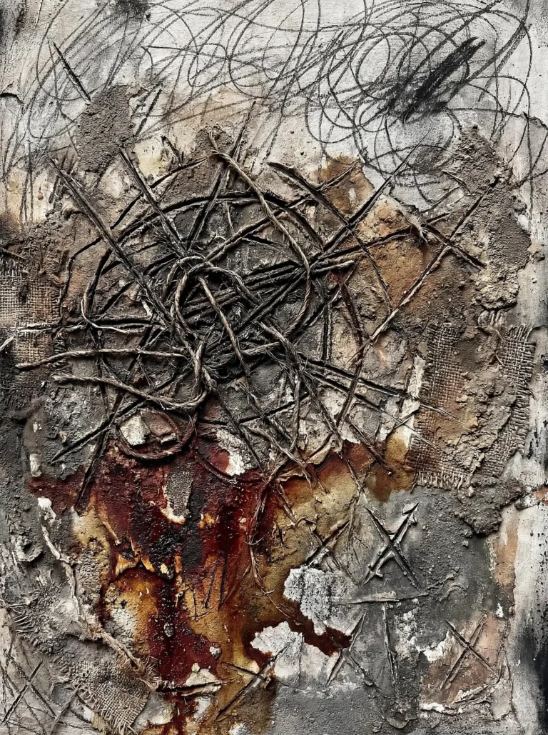 Layering of rough burlap, tangled twine, and thick plaster creates a visceral sense of depth in this gritty abstract composition. The piece blends earthy ochre and deep rust tones with charcoal scribbles and weathered textures to evoke a feeling of urban decay and industrial chaos. Artwork by Constantine Cheshire