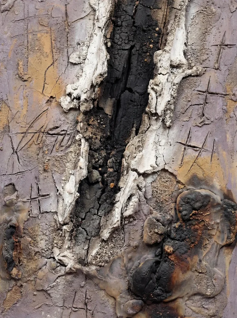 Charred vertical fissure in a mixed media relief sculpture. This piece features heavy impasto textures in muted lavender and ash gray tones, with scratched symbolic markings suggesting ancient ruins or industrial decay. Artwork by Constantine Cheshire