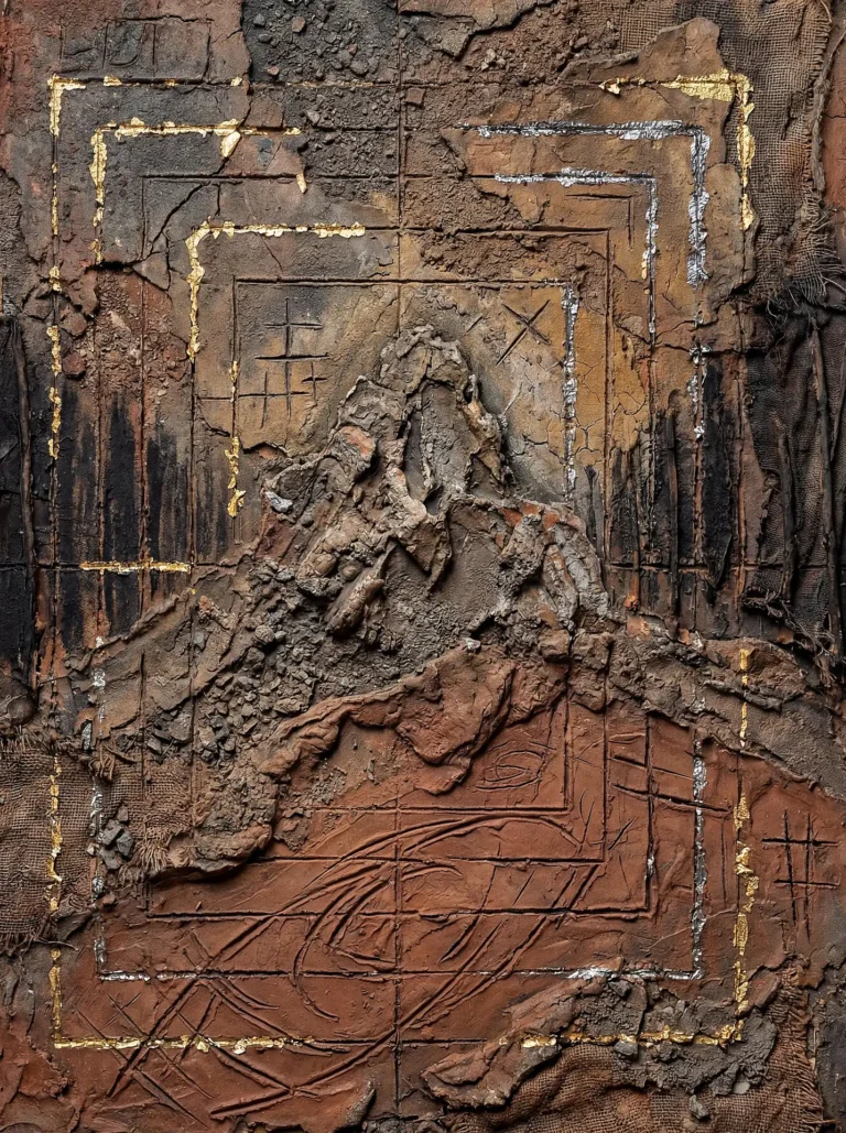 Textured earth and metallic leaf form an abstract relief sculpture in a contemporary mixed media style. This tactile artwork features rich ochre and brown tones with cracked clay surfaces, burlap accents, and etched geometric patterns that evoke an ancient archaeological find. Artwork by Constantine Cheshire