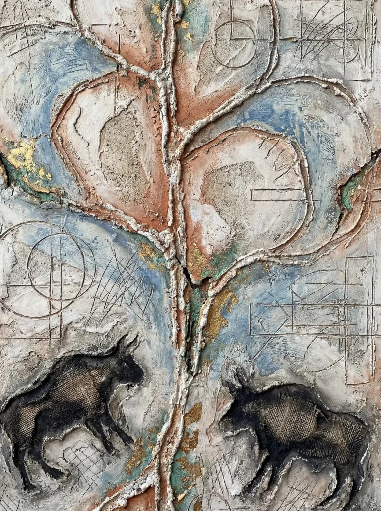 Mixed media relief painting featuring two bison silhouettes textured with burlap fabric beneath a stylized, sculptural tree form. This primitive contemporary piece utilizes heavy plaster, gold leaf accents, and geometric carvings in a palette of terracotta and teal. Artwork by Constantine Cheshire