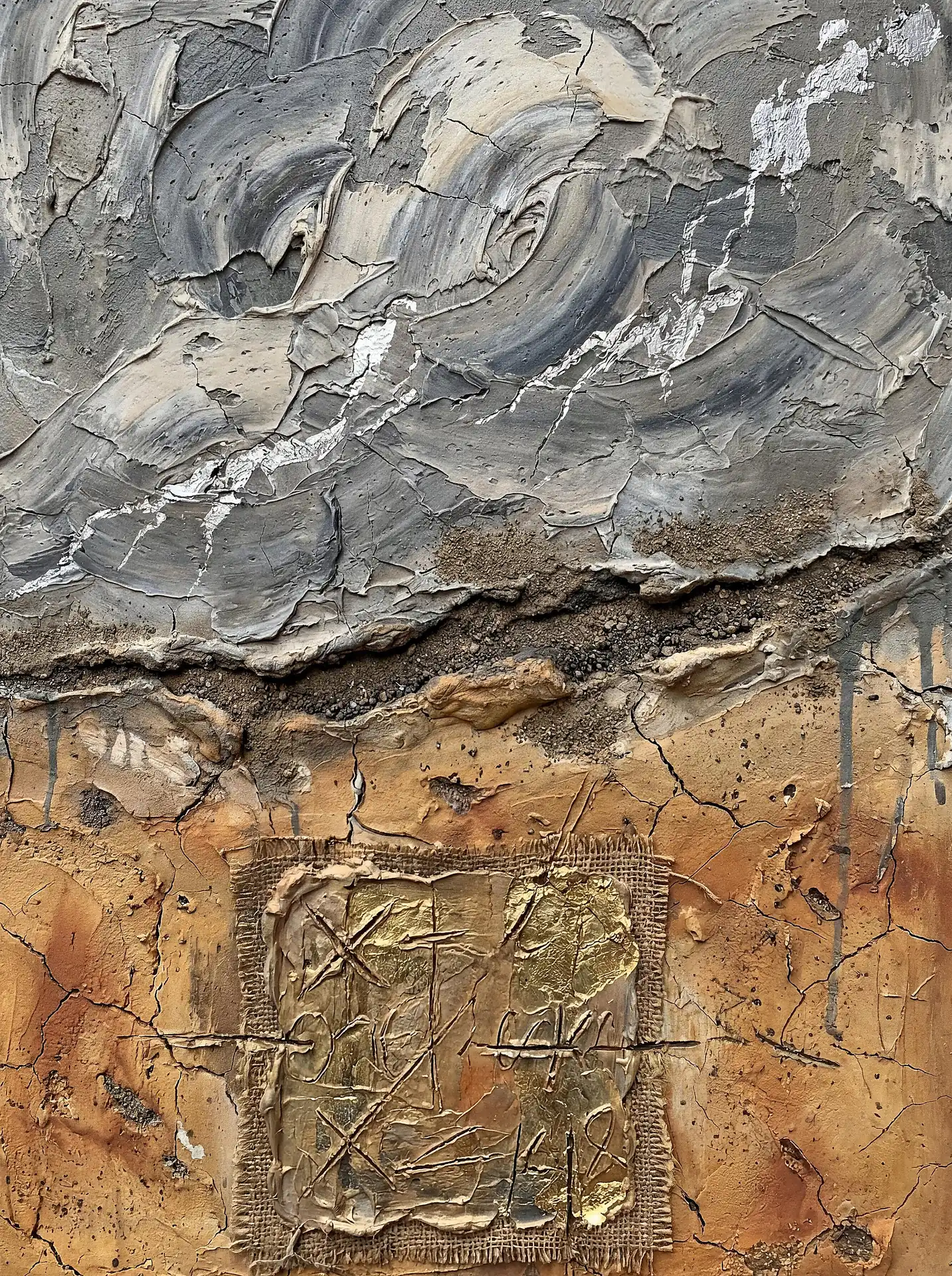 Thick impasto paint, burlap, and gold leaf combine to create a weathered landscape of cracked ochre and swirling gray tones. This mixed media artwork evokes a sense of tectonic movement and ancient geology through heavy physical textures and metallic accents. Artwork by Constantine Cheshire