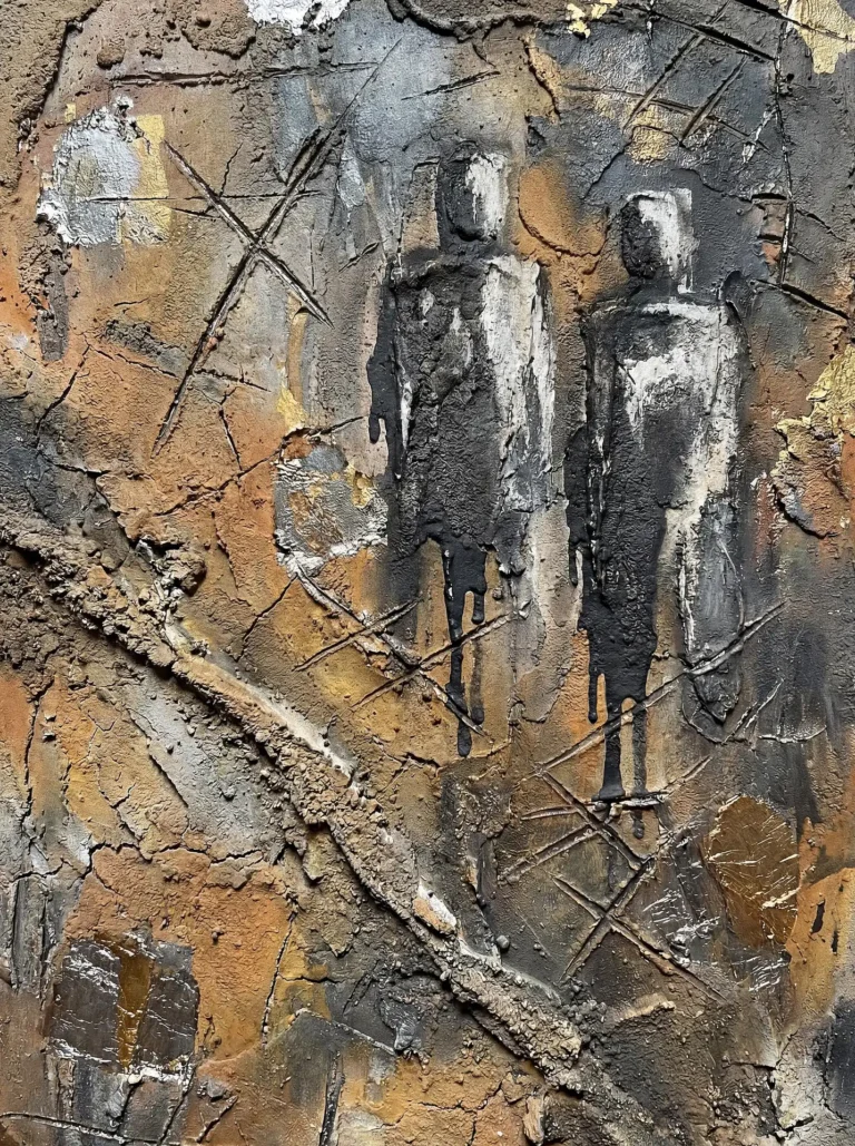 Coarse plaster and thick impasto texture define this abstract composition featuring two dark, dripping silhouettes. The earthy ochre and gray background is accented with metallic gold leaf and deep structural cracks to create a moody, industrial atmosphere. Artwork by Constantine Cheshire