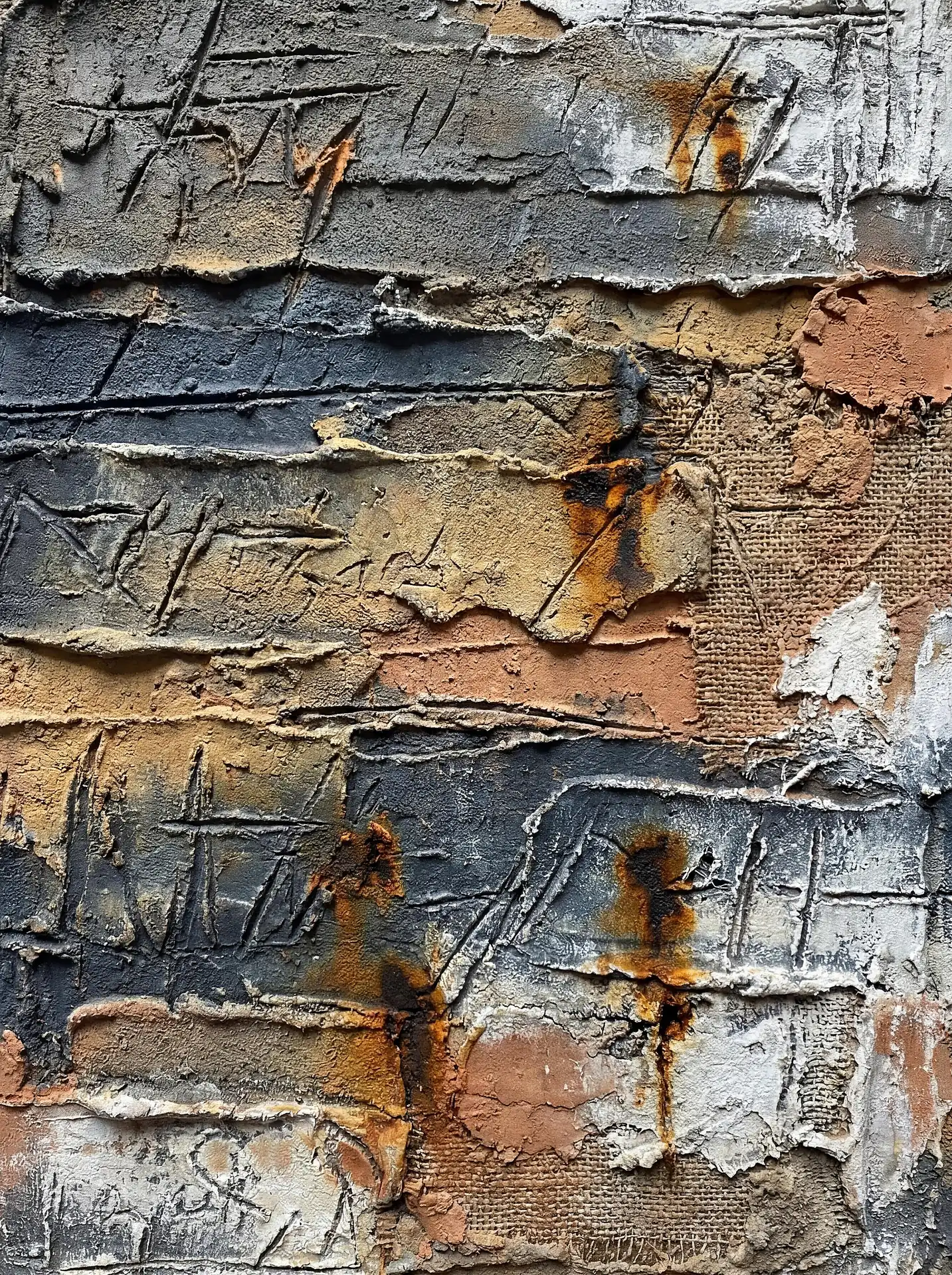 Layered horizontal bands of thick plaster and burlap create a rugged, tactile composition in this mixed media piece. The earthy palette of rust, charcoal, and ochre highlights the industrial decay and contemporary brutalist style. Artwork by Constantine Cheshire