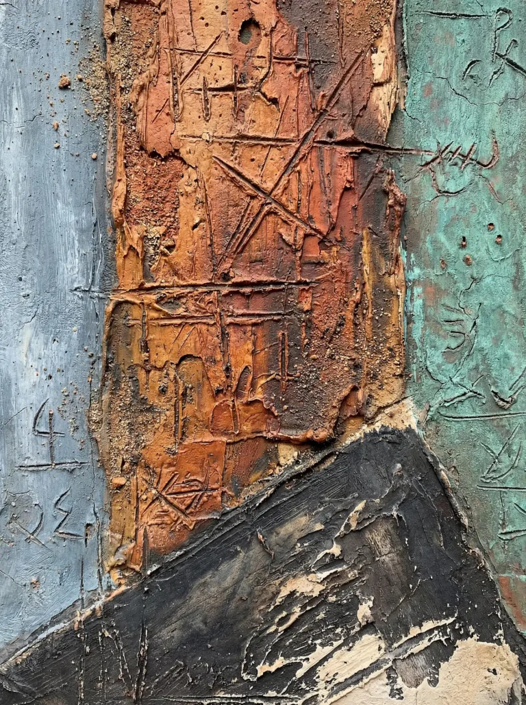 Abstract mixed media painting featuring heavy impasto textures in burnt orange, teal, and charcoal grey. This contemporary artwork uses incised lines and gritty layers to create a weathered, industrial aesthetic reminiscent of ancient stone walls or primitive carvings. Artwork by Constantine Cheshire