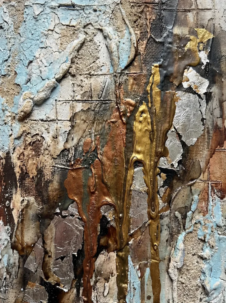Gritty and opulent, this abstract composition features metallic gold paint cascading over cracked blue plaster and silver leaf. The heavily layered surface combines industrial decay with luxurious accents to create a moody, sophisticated contemporary art piece. Artwork by Constantine Cheshire