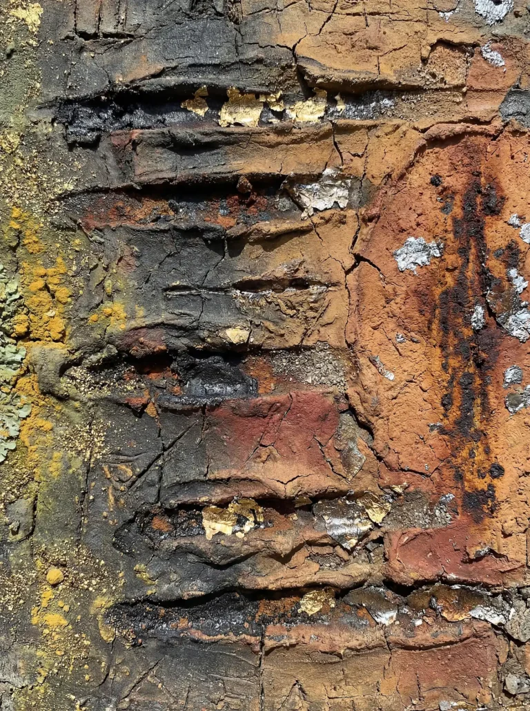 Abstract mixed media painting featuring heavy impasto textures, deep cracks, and weathered layers of ochre and charcoal. Metallic gold and silver leaf accents catch the light against a rugged, geological surface that evokes a sense of ancient decay. Artwork by Constantine Cheshire