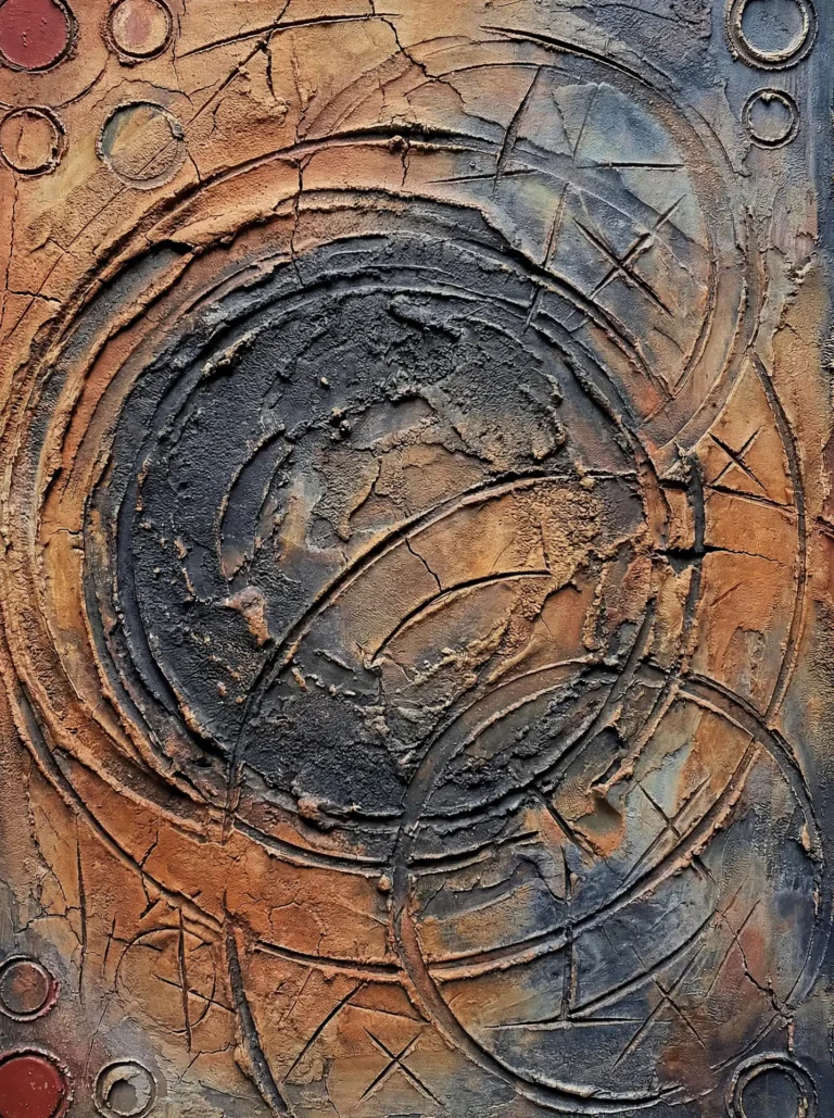 An ancient and primordial atmosphere radiates from this heavily textured painting featuring overlapping celestial rings carved into cracked ochre and charcoal impasto. This tactile piece uses a palette of sienna, slate blue, and metallic accents to create a rugged, industrial aesthetic suitable for contemporary wall decor. Artwork by Constantine Cheshire