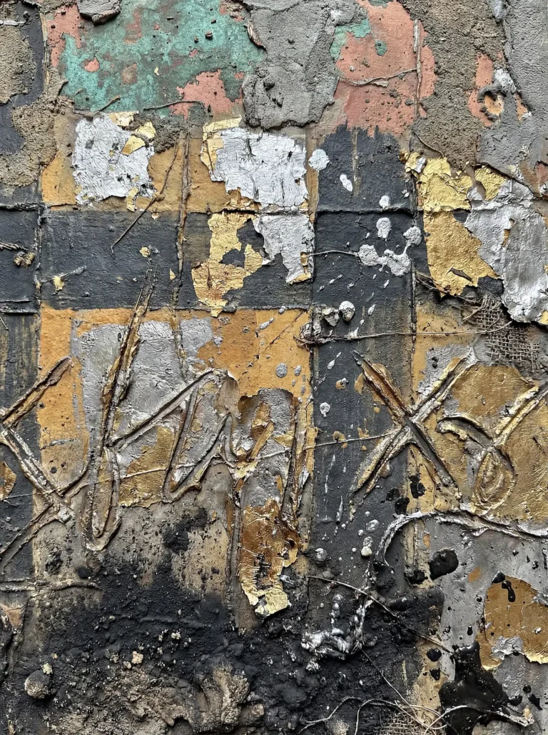 Layering of heavy textures and metallic foils creates a weathered industrial aesthetic on a concrete-like surface. This mixed media artwork combines gold and silver leaf with charcoal black and muted earth tones to evoke a sense of urban decay and contemporary grit. Artwork by Constantine Cheshire