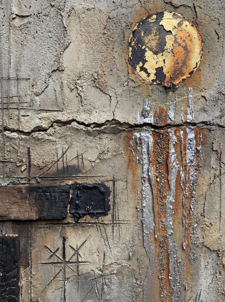 Dripping down a cracked concrete surface, this mixed media piece features a distressed gold leaf orb overlooking charred wood and metallic streaks. The gritty industrial aesthetic combines rough textures and earthy tones to evoke a sense of weathered urban resilience and abstract storytelling. Artwork by Constantine Cheshire