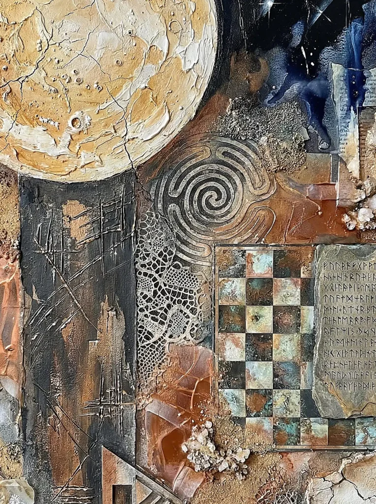 Layering and textural depth define this cosmic mixed media piece, where a cratered moon overlooks an intricate labyrinth and ancient runic script. The composition blends earthy browns and metallic golds with celestial blues, creating a mystical atmosphere of esoteric discovery and timeless patterns. Artwork by Constantine Cheshire