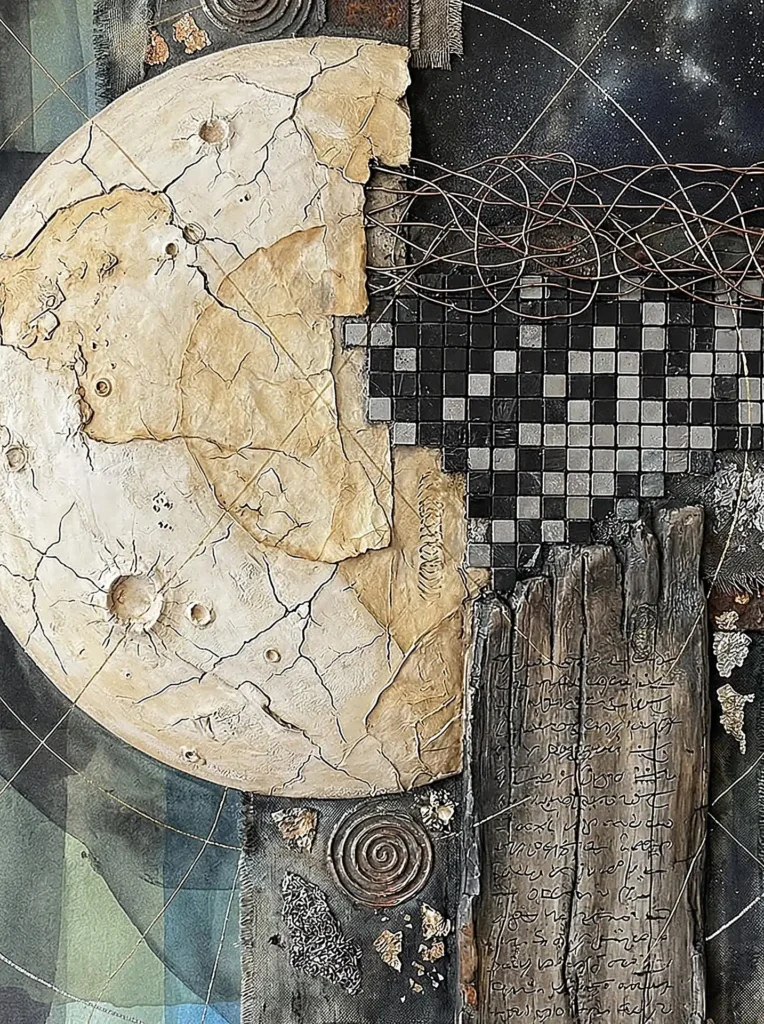 Mysterious and cosmic, this artwork features a heavily textured cracked moon sphere juxtaposed against a dark mosaic grid and copper wire. The composition combines organic bark with handwritten script and metallic elements to create a sense of ancient interstellar history. Artwork by Constantine Cheshire