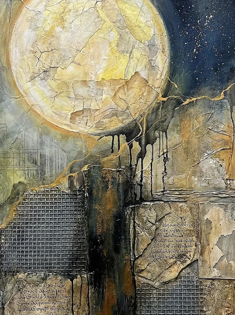 Dripping like liquid shadows, this mixed media piece centers on a massive cracked yellow moon suspended over ancient script and industrial wire mesh. Earthy tones of gold and ochre clash with deep blacks and starry blues to create a mysterious, alchemical atmosphere. Artwork by Constantine Cheshire