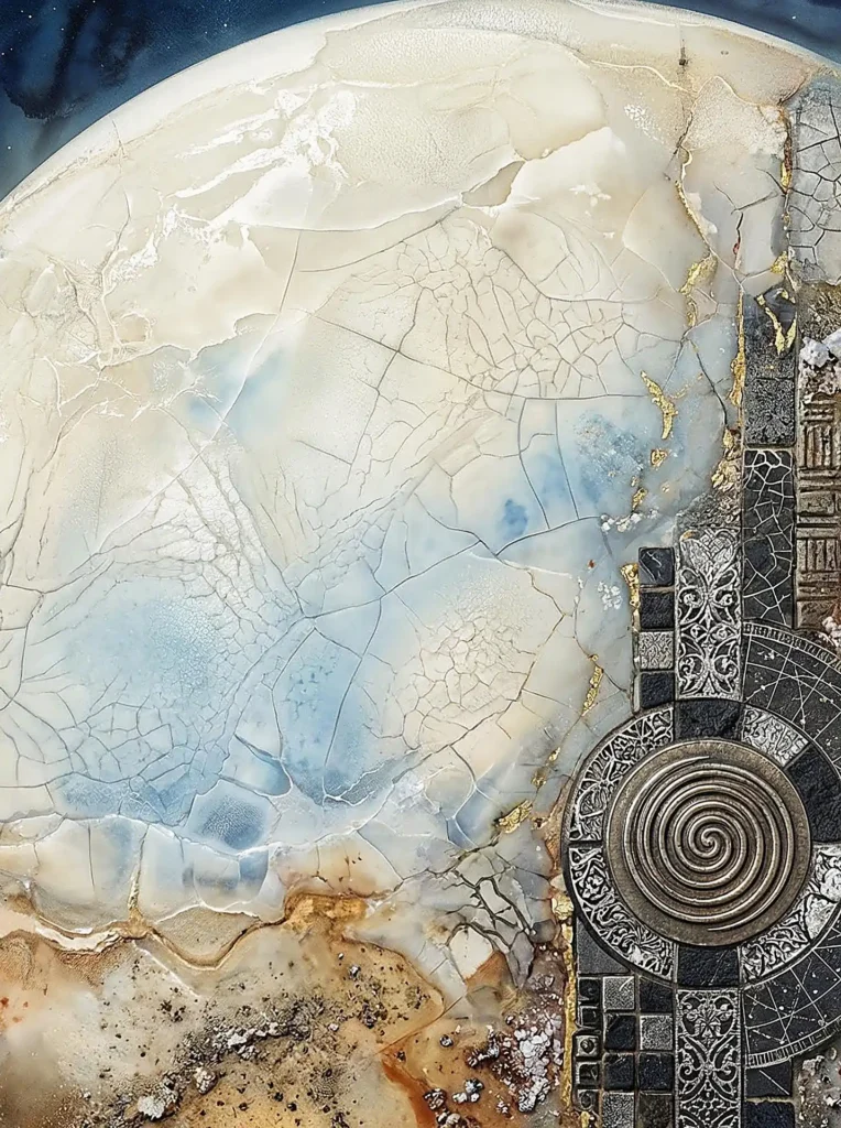 Soft ivory tones and golden light illuminate this abstract mixed media piece featuring a cracked celestial orb. The artwork blends organic textures with intricate metallic carvings, including a prominent spiral and filigree patterns against a cosmic blue and gold backdrop. Artwork by Constantine Cheshire