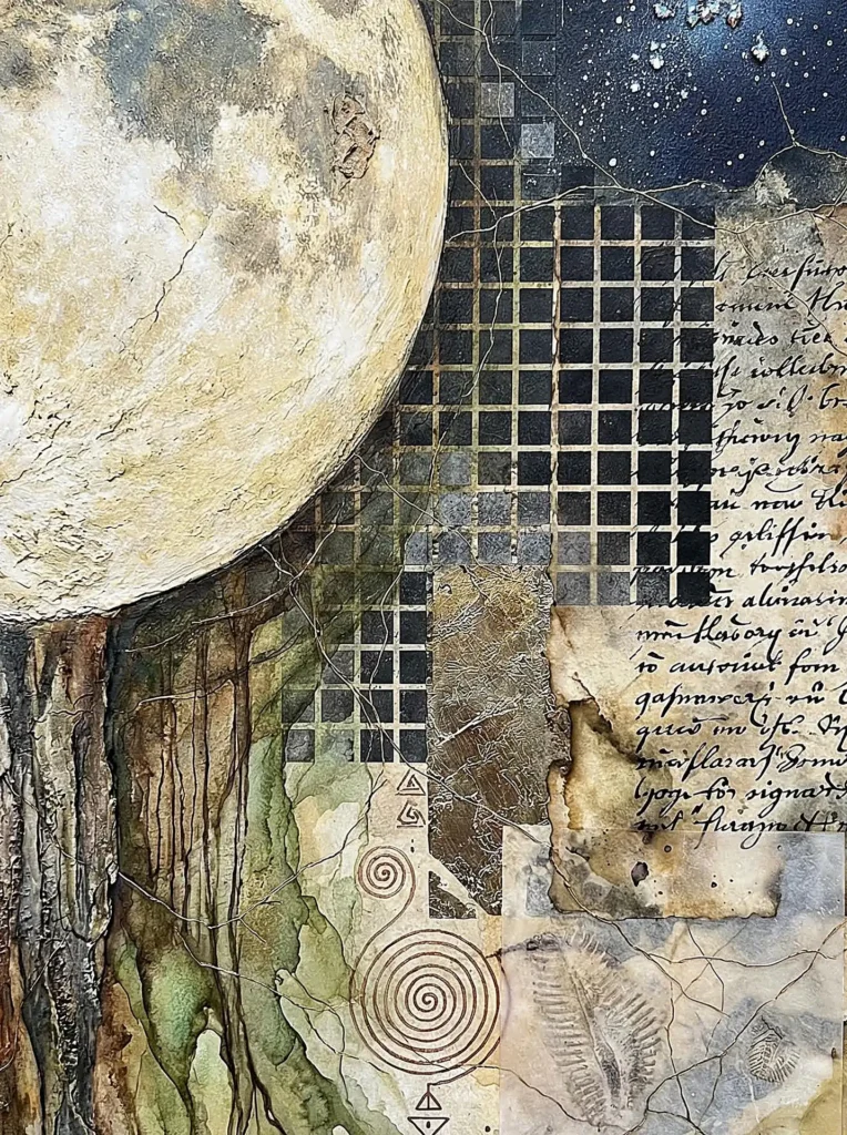 Textured plaster and aged parchment overlap in a complex composition featuring a celestial moon, geometric grids, and calligraphic script. This layered mixed media artwork combines earthy green washes and cosmic dark tones with ancient symbols and fossil impressions to create a mystical, academic mood. Artwork by Constantine Cheshire